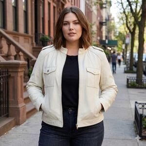 Vintage Ivory Leather Moto Jacket Size 16 Genuine Leather Full Zip Biker READ